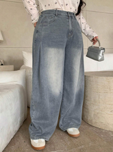 Plus Size Wide Leg Long Denim Pants With Washed And Bleached Effect And Side Pockets